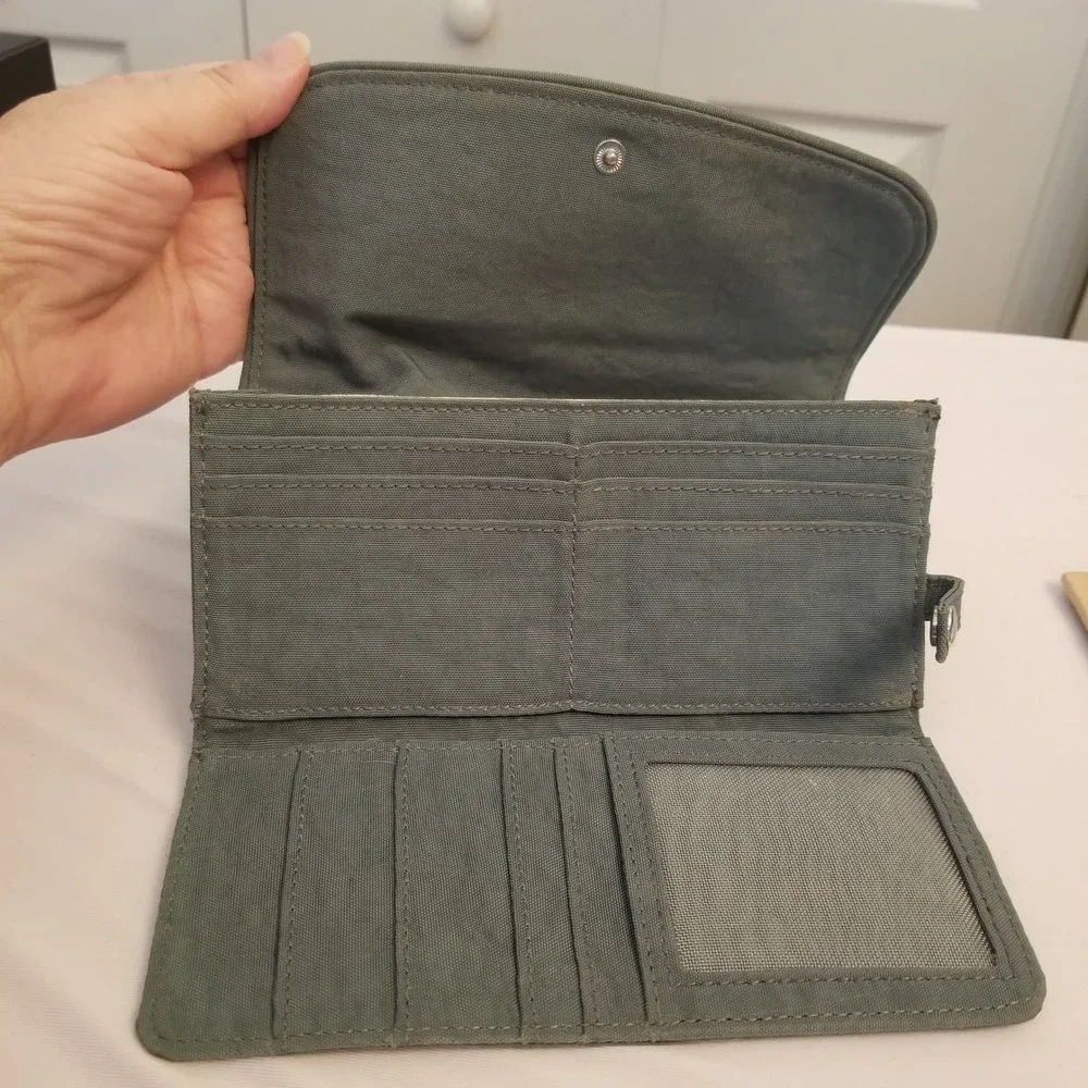 Kipling New Money Long Wallet Slate green Crinkle Nylon Trifold Organizer